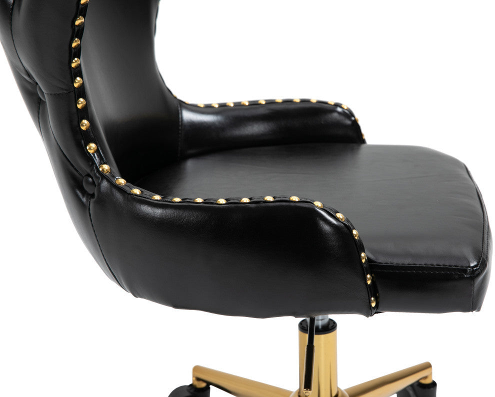 Hendrix Swivel and Adjustable Vegan Leather Office Chair, Black, Rich Gold Base