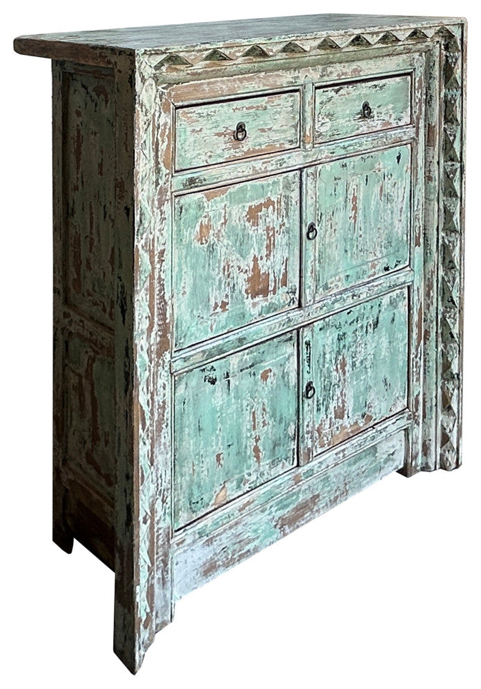 Distressed Turquoise Green Geometric Edge Credenza Storage Cabinet