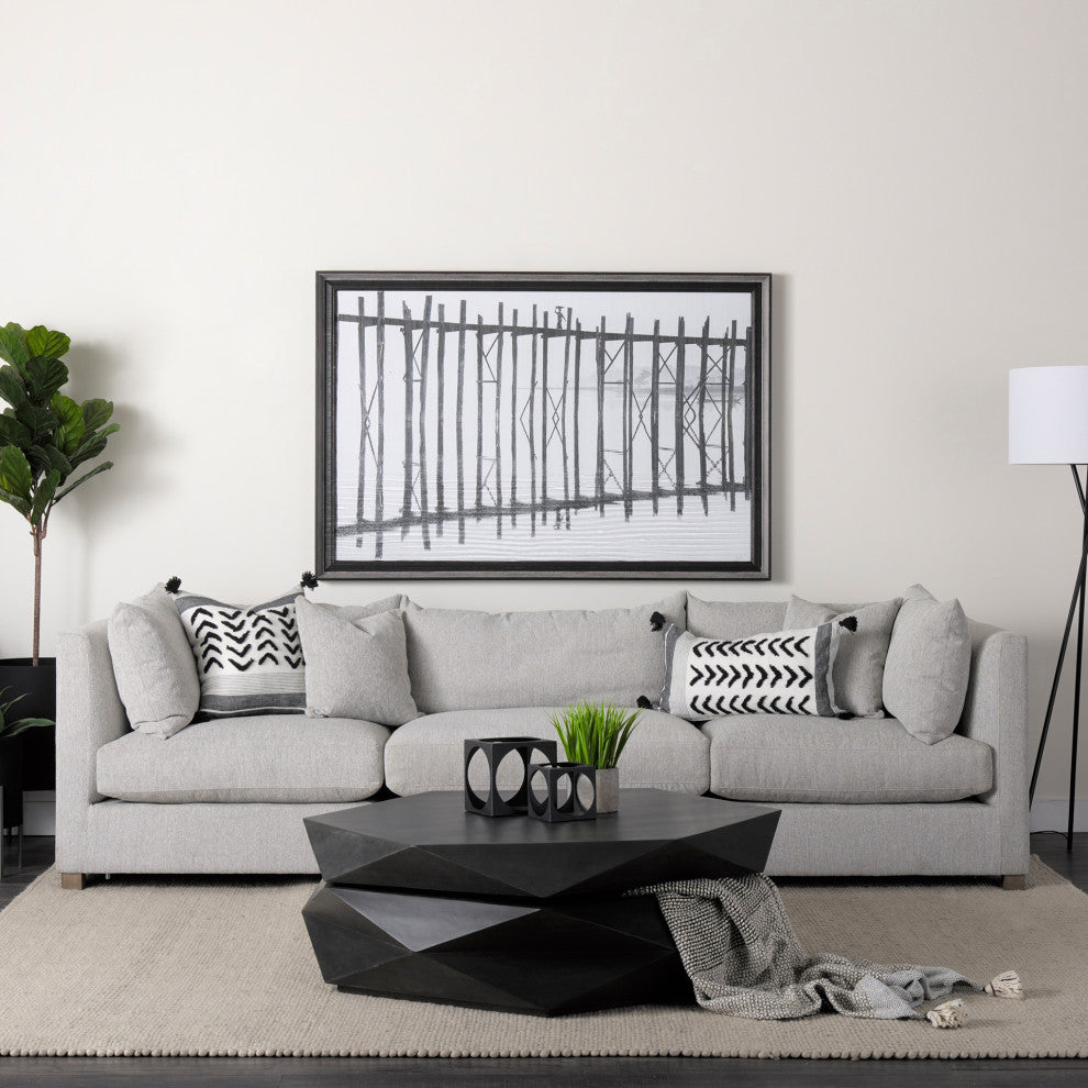 Kimia White and Black Herringbone Fabric With Fringed Decorative Pillow Cover