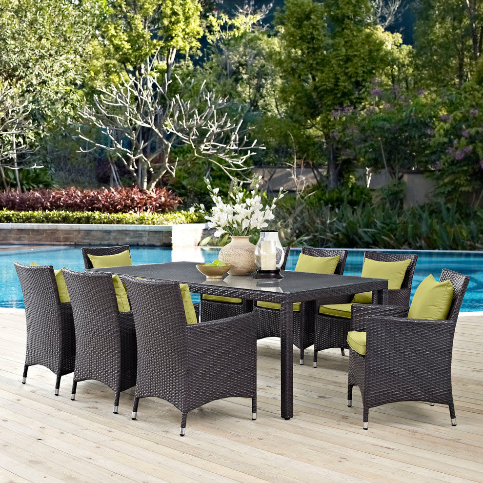 9 Piece Outdoor Dining Set, Faux Wicker Rattan, Green