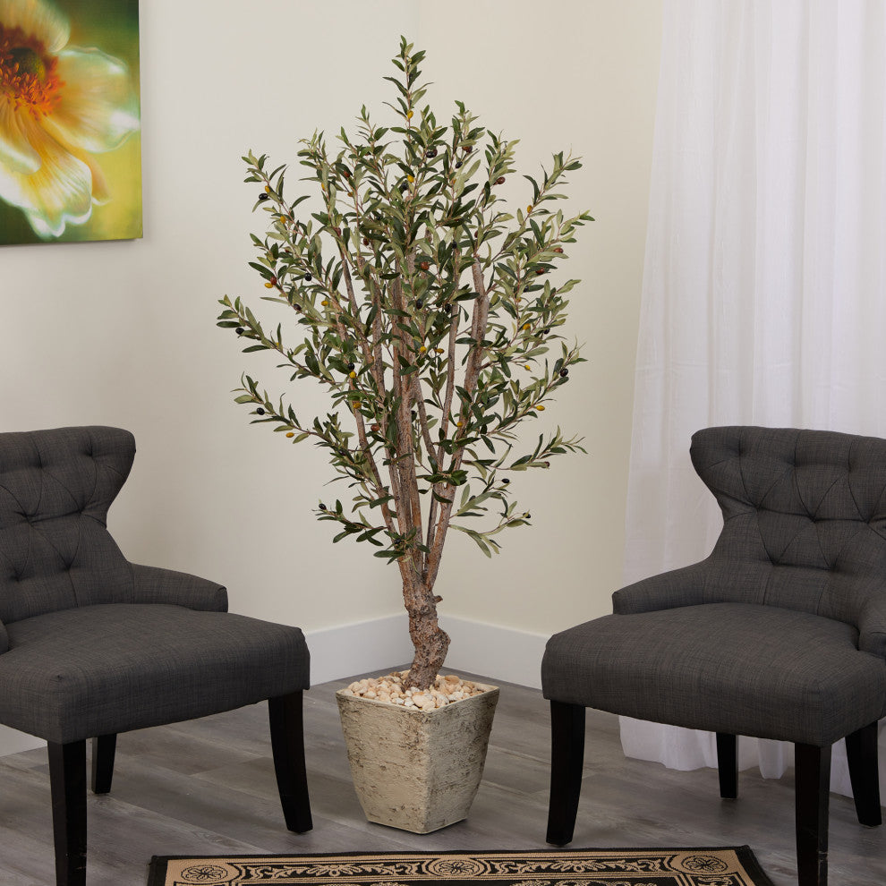 5' Olive Artificial Tree, Country White Planter