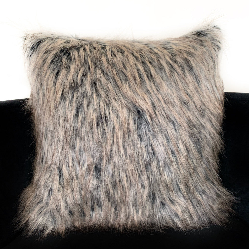 Plutus Gray Foxy Brown Gray Animal Faux Fur Luxury Throw Pillow, 24"x24"