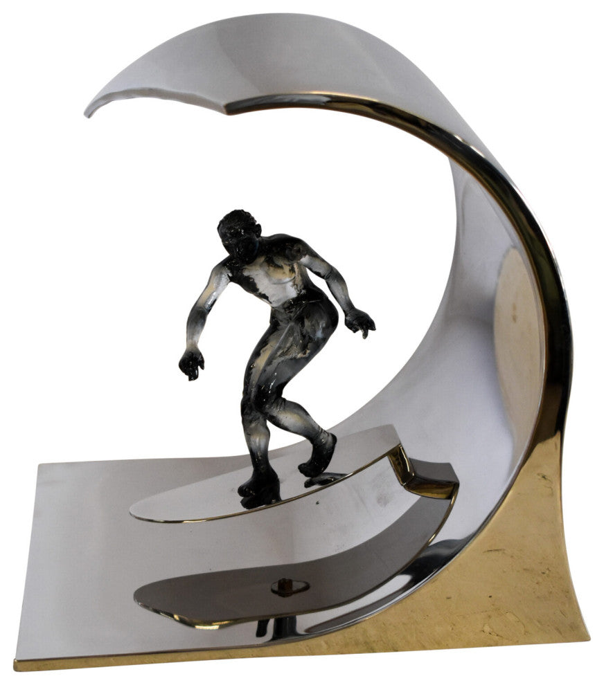 Modern Unique Stainless Steel Ocean Wave Surfer Statue 10" x 9" x 11"H