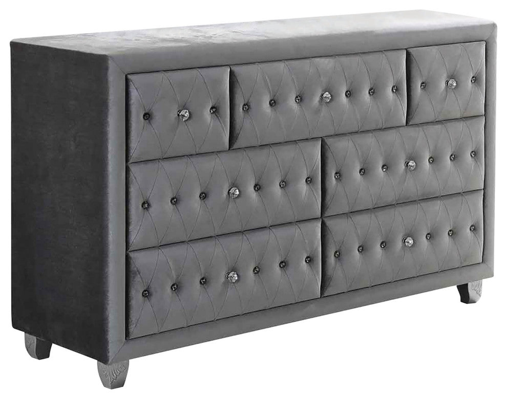 Fabric Upholstered Dresser With Button Tufting, Gray