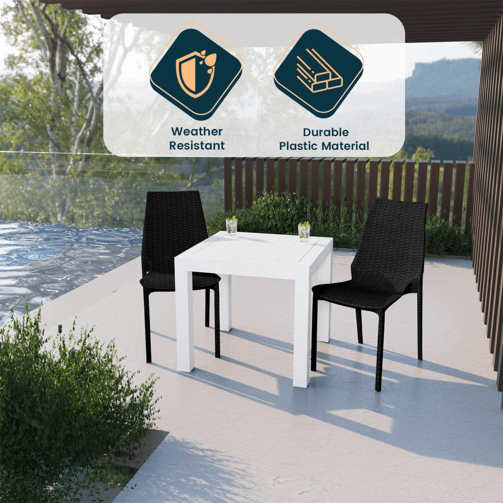 LeisureMod Kent Weave Design 3-Piece Outdoor Patio Dining Set, White/Black