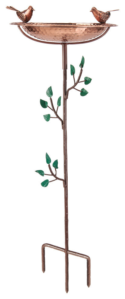 Pure Copper Bird Bath With 2 Copper Birds and Tree Theme Multiprong Garden Pole