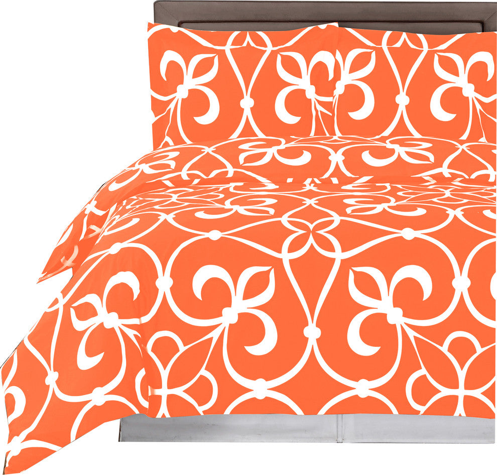 Floral Victoria 100% Cotton Duvet Cover Set, Tangerine and White, Full/Queen