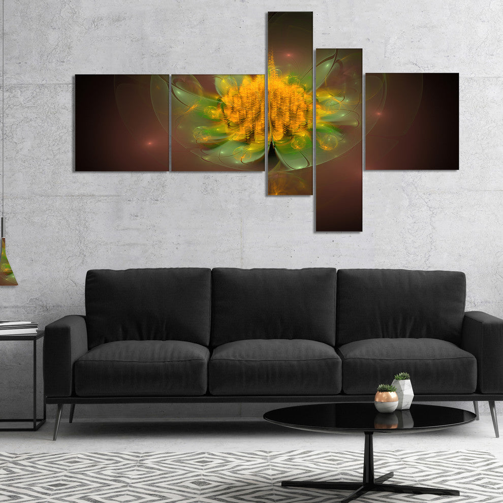 Fractal Yellow Flower on Black, Floral Canvas Art Print, 60"x32", 5 panels