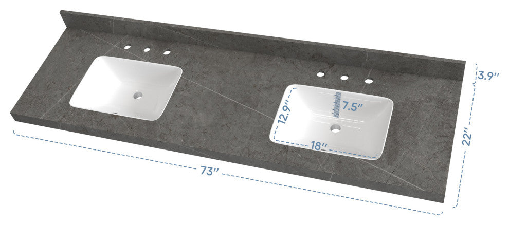 73 in. Engineered Composite White Rectangular Double Sink Vanity Top, Armani Gray