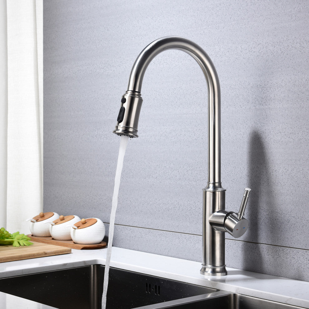 Wellfor Single Handle Pull Down Kitchen Sink Faucet, Brushed Nickel