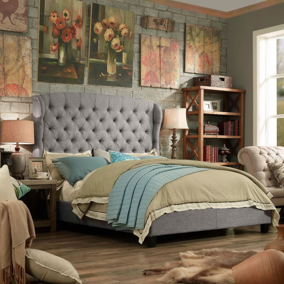 Felisa Upholstered Panel Bed, Gray, King