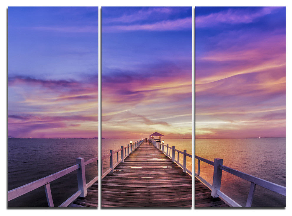 "Wooden Bridge Under Purple Sky" Metal Wall Art, 3 Panels, 36"x28"