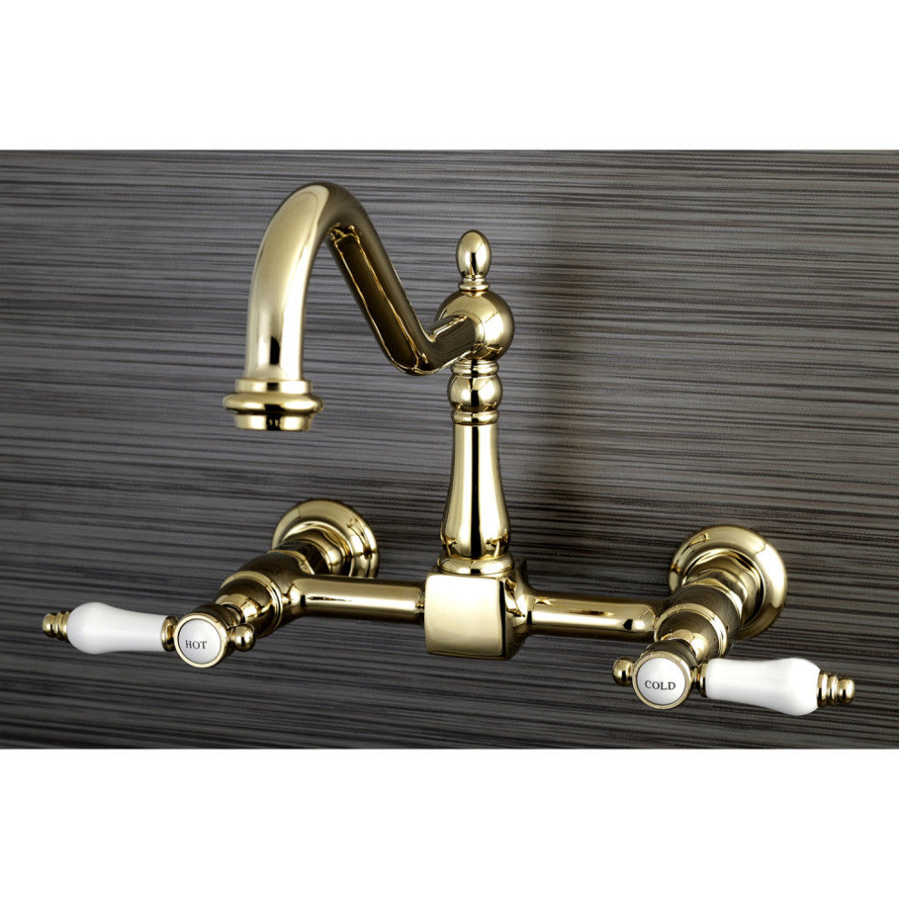 Kingston Brass Wall Mount Bridge Kitchen Faucet, Polished Brass