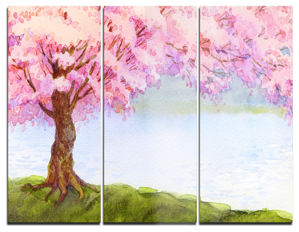 "Flowering Pink Tree by Lake" Glossy Metal Wall Art, 3 Panels, 36"x28"