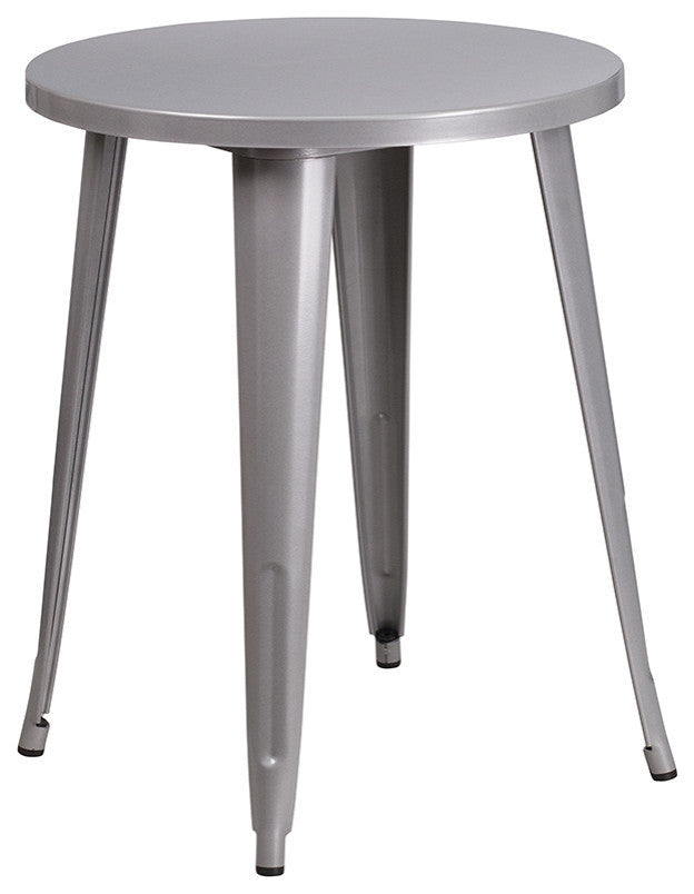 24" Round Silver Metal Indoor-Outdoor Table Set with 2 Arm Chairs