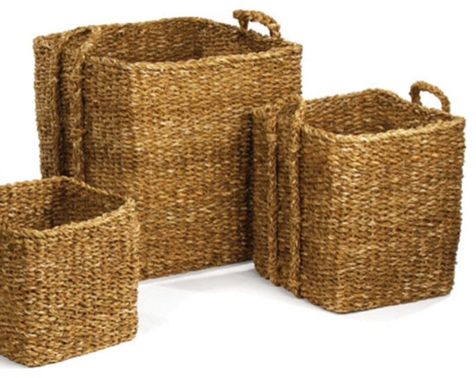 Set of 4 Square Woven Sea Grass Storage Baskets Large Natural Handles 21 17 15in