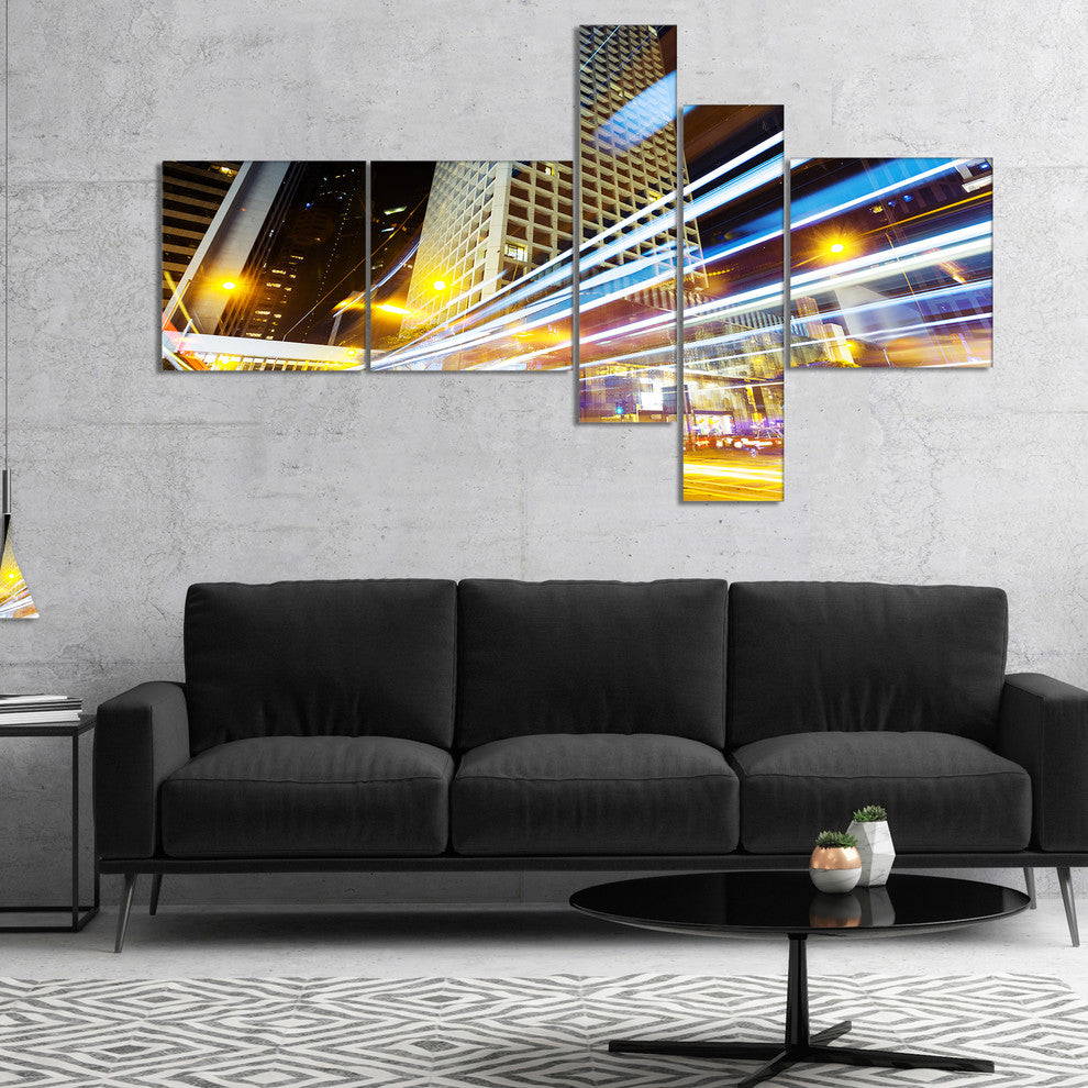 Urban City Traffic Trails, Cityscape Digital Art Canvas Print, 60"x32", 5 panels