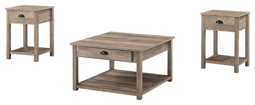 3-Piece Country Coffee Table and Side Table Set - Grey Wash