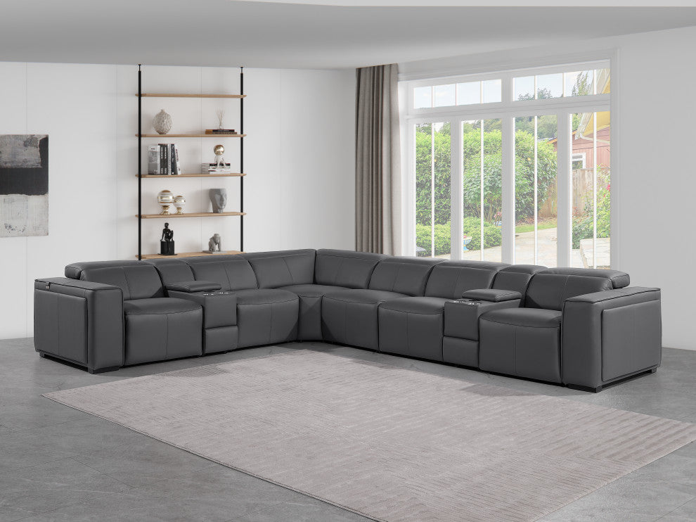 Niccolo Italian Leather 8-Piece L-Shaped Power Reclining Sectional, Dark Gray