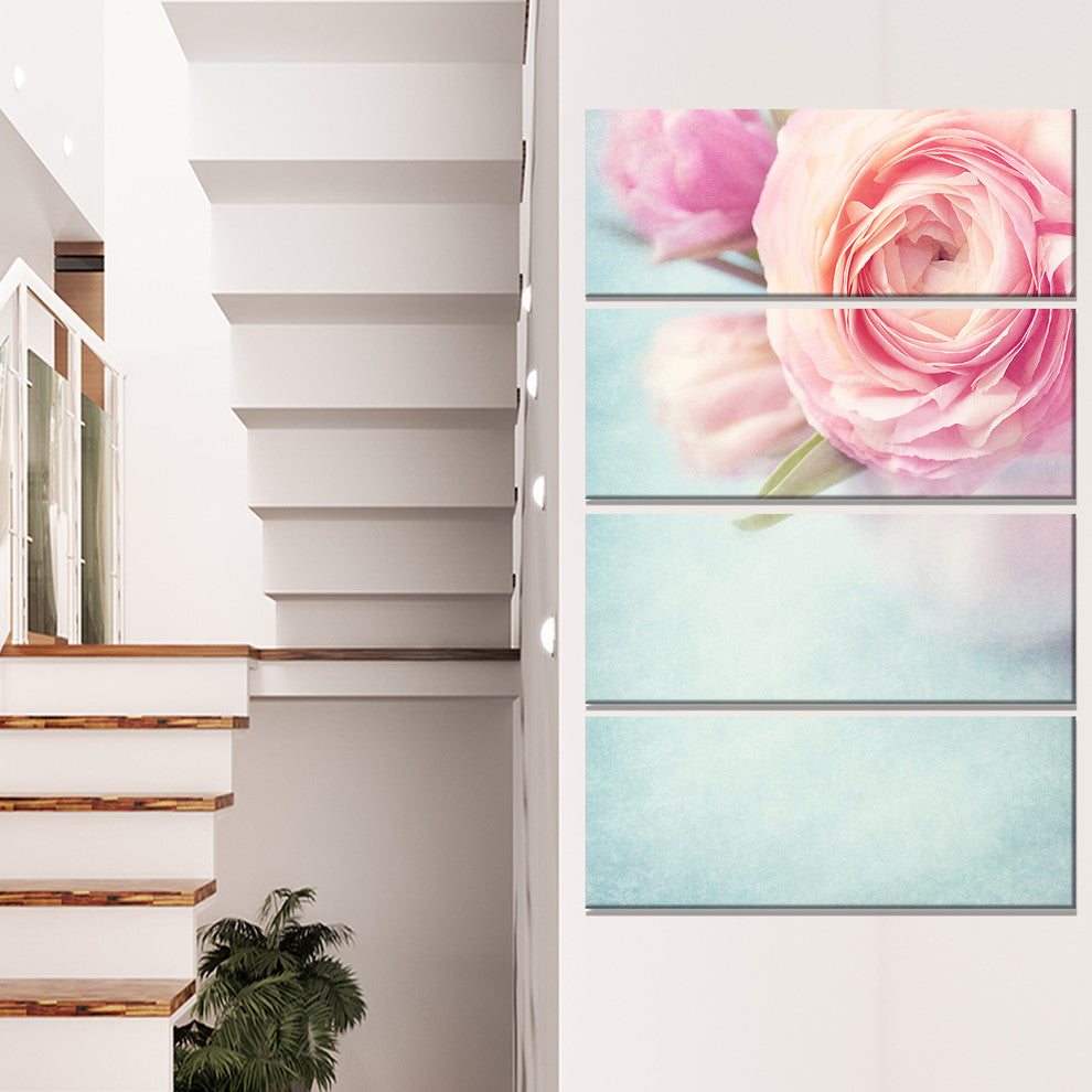 Full Bloom Pink Flowers in Vase, Floral Canvas Art Print, 28"x48", 4 Panels