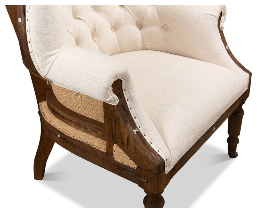 Georgian Barrel Back Linen and Burlap Wingchair