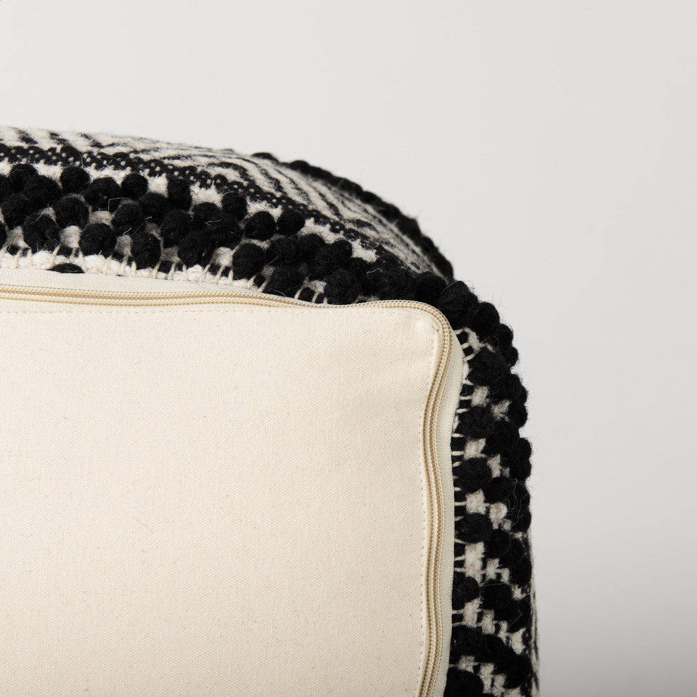 Garima 22Lx22Wx14H Black/White Wool and Cotton Patterned Pouf
