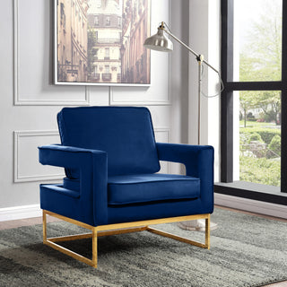 Noah Velvet Upholstered Accent Chair, Navy, Gold Base