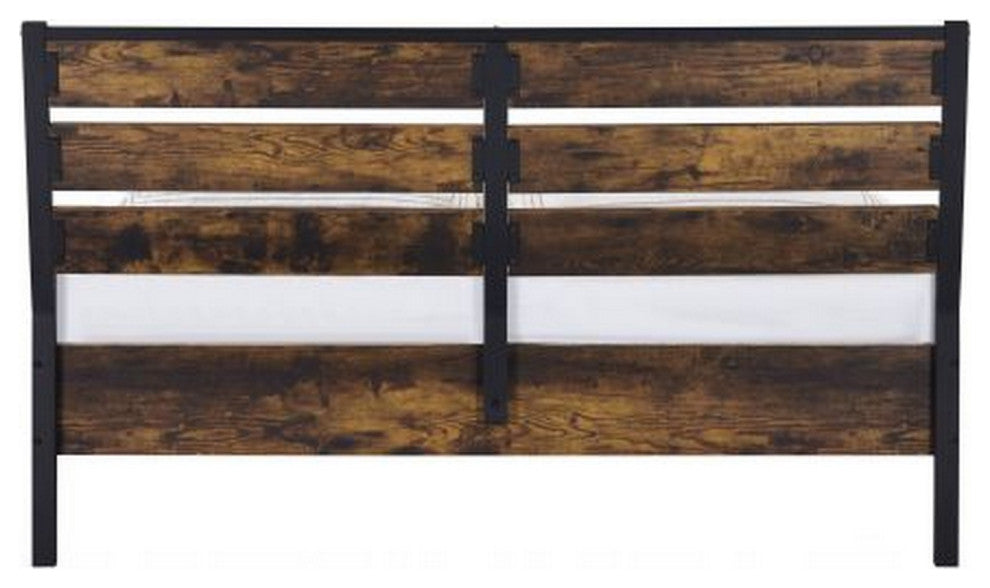 Benzara BM266519 Eastern King Bed, Panel Headboard & Metal Slats, Brown/Black