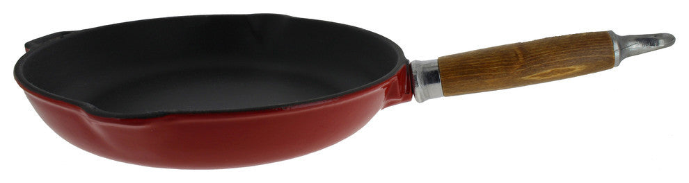 Chasseur 11" French Enameled Cast Iron Fry Pan With Wooden Handle, Red