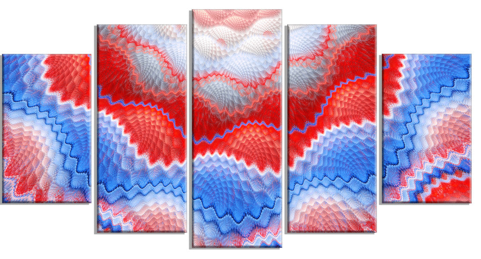 Red Blue Snake Skin Flower, Contemporary Art on Canvas, 60"x32", 5 Panels
