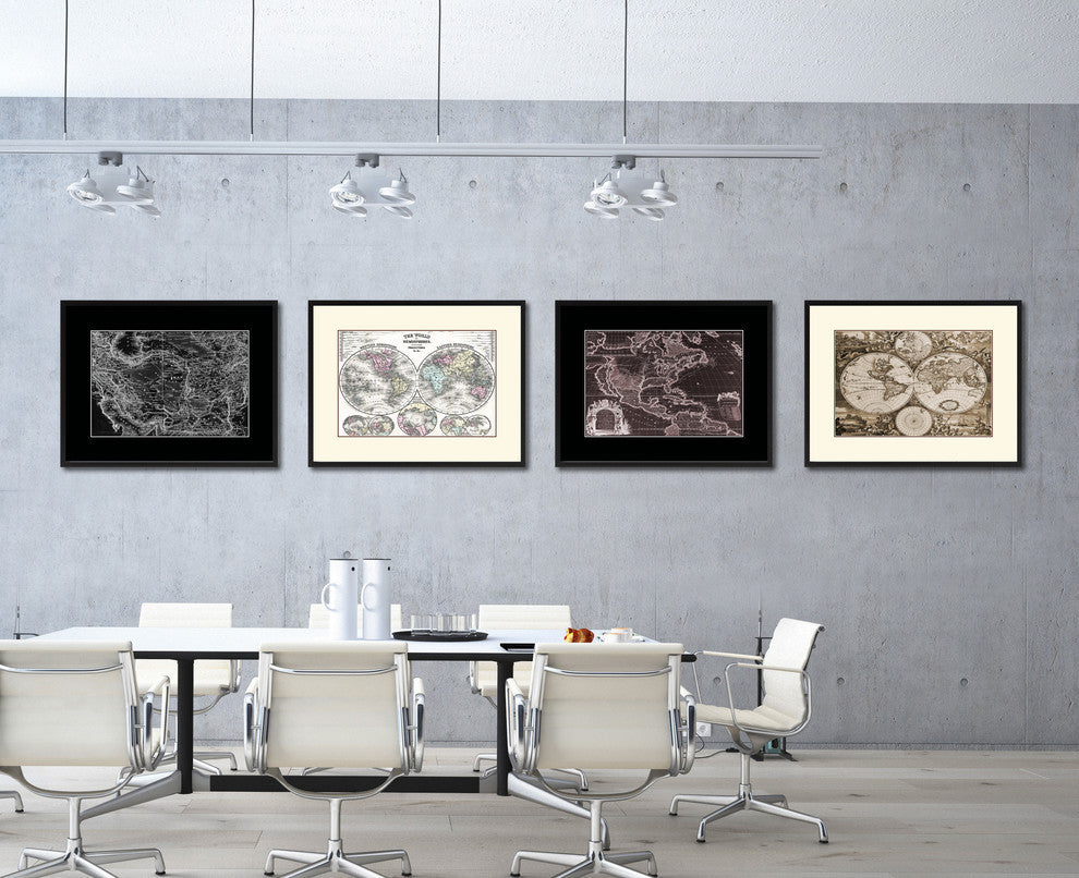 Iran, Afghanistan Old Monochrome Map Print On Canvas With Black Frame, 28" X 37"