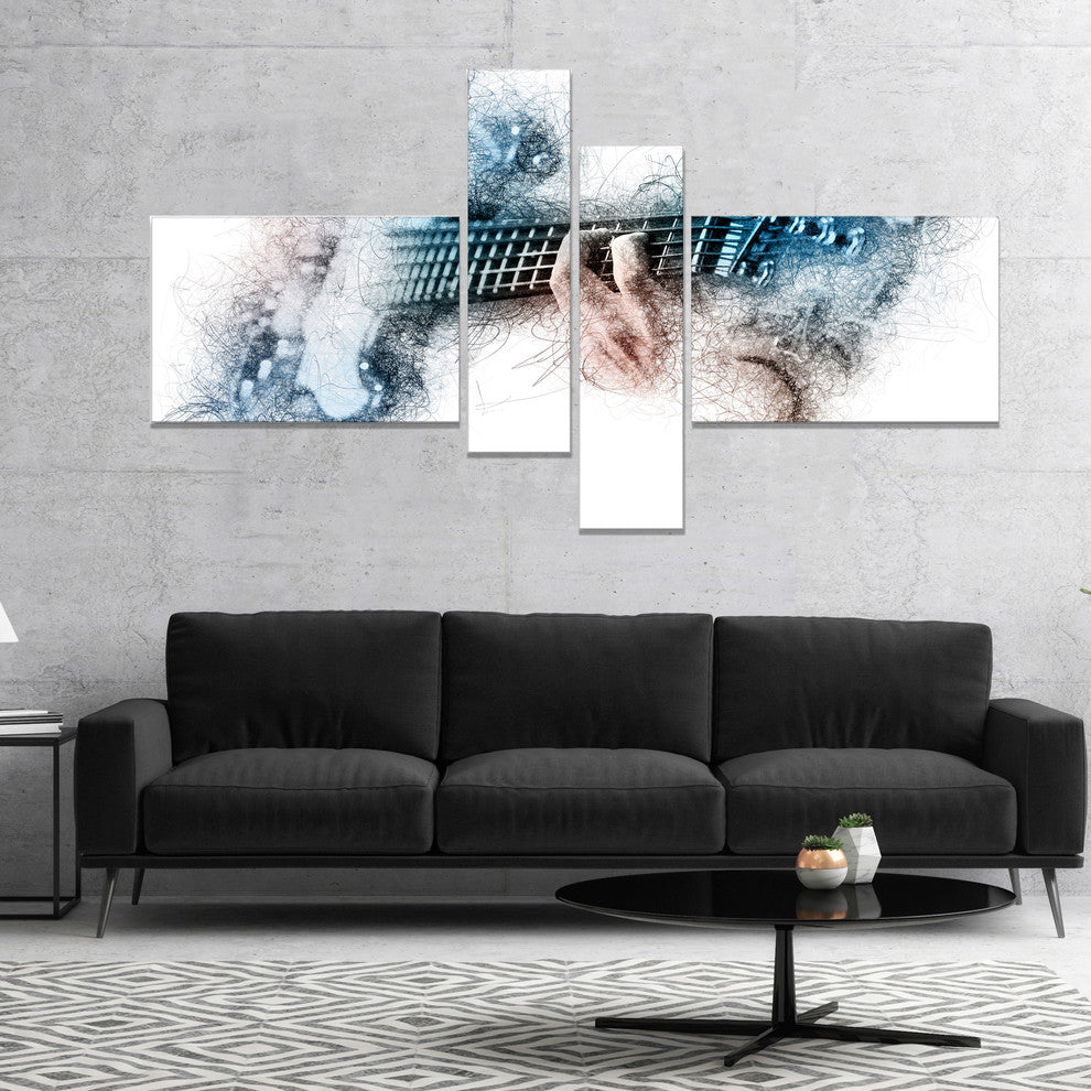 Man Playing A Guitar Watercolor, Contemporary Canvas Print, 60"x32", 4 panels