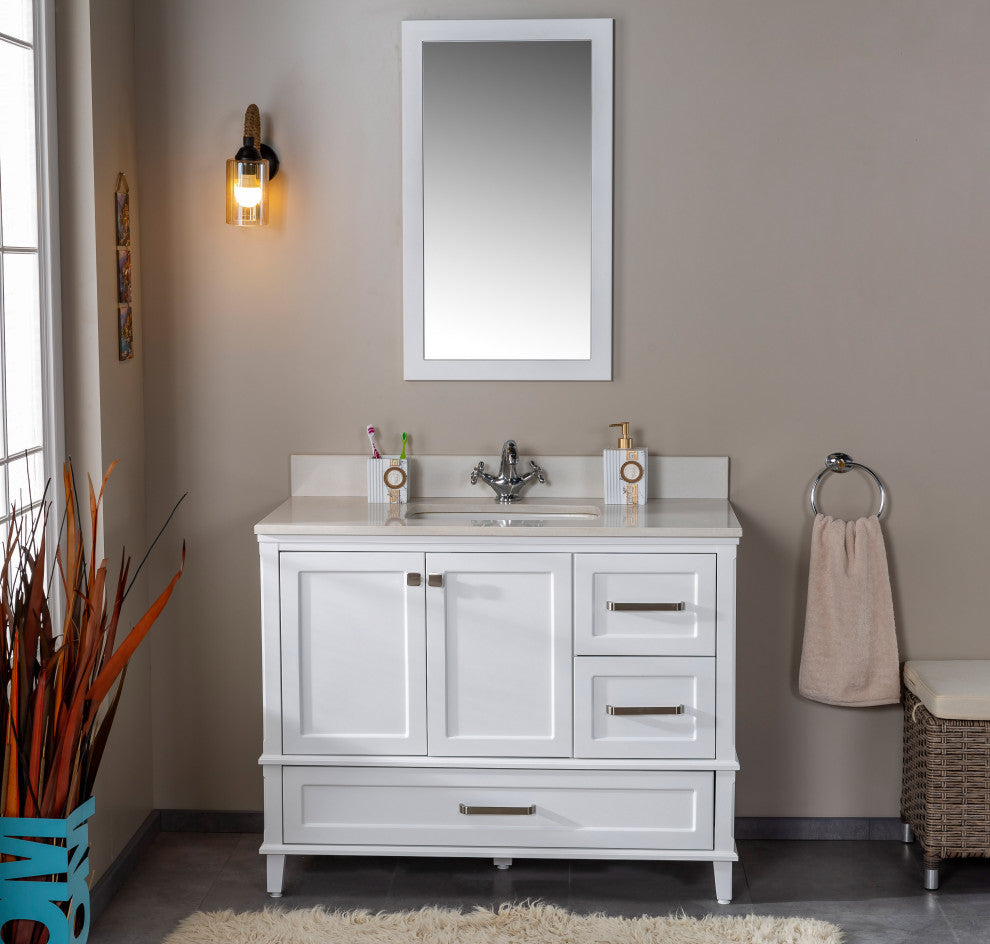 Nera Collection 42" Bathroom Vanity With Sink, Mirror, Countertop, White