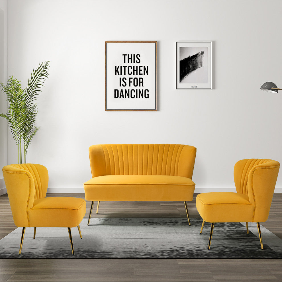 Upholstered 3 Piece Living Room Set, Mustard