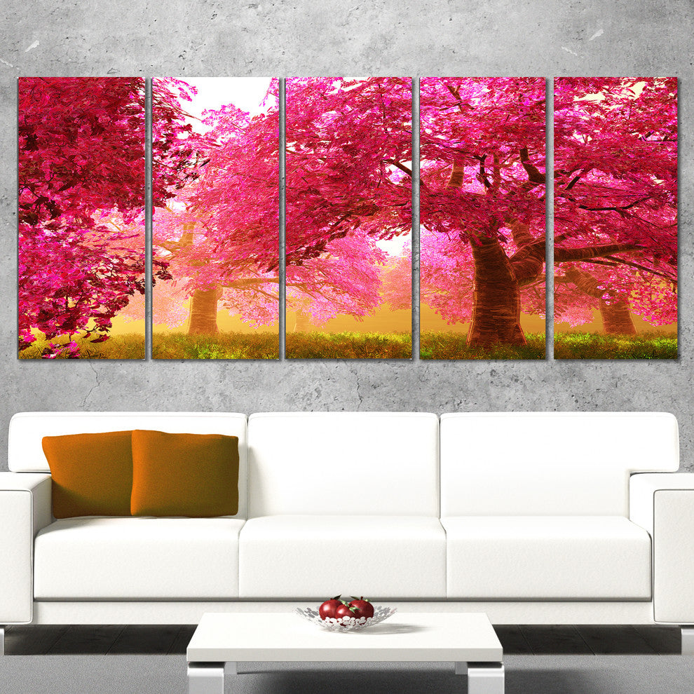 Mysterious Red Cherry Blossoms, Large Landscape Canvas Art, 60"x28", 5 Panels