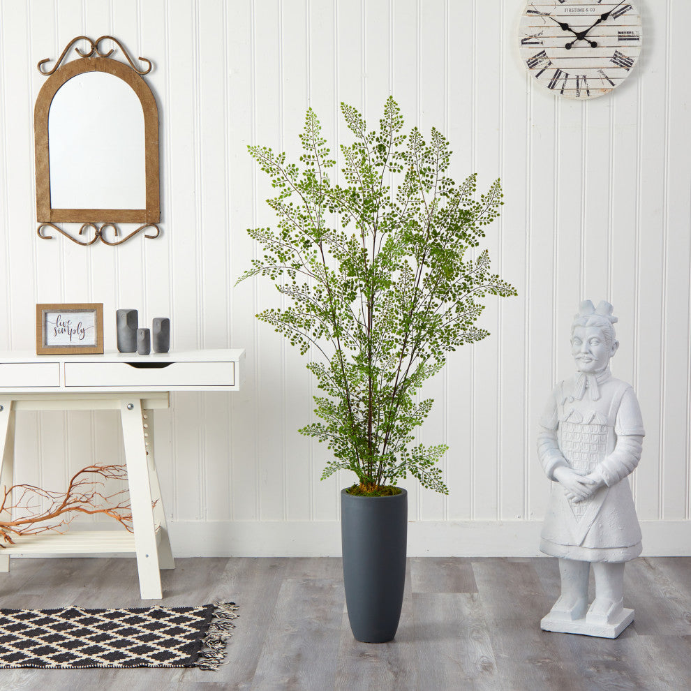 5' Ruffle Fern Artificial Tree, Gray Planter