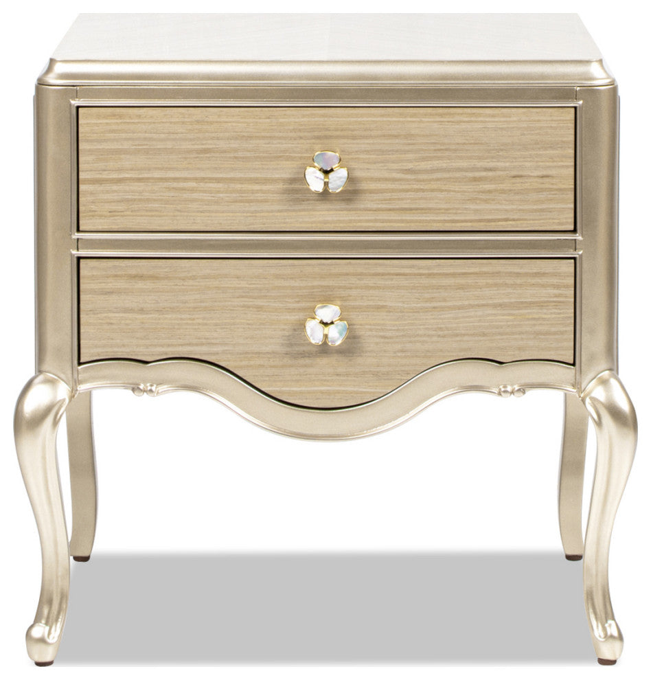 Helena 25" 2-Drawer Gold Accent Solid Wood Storage Side Table, Natural Brown