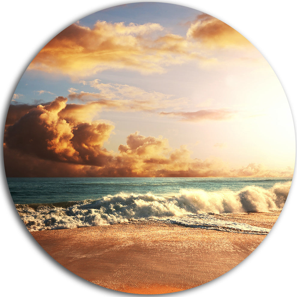 Fast Moving Dark Clouds Over Beach, Beach Disc Metal Artwork, 23"