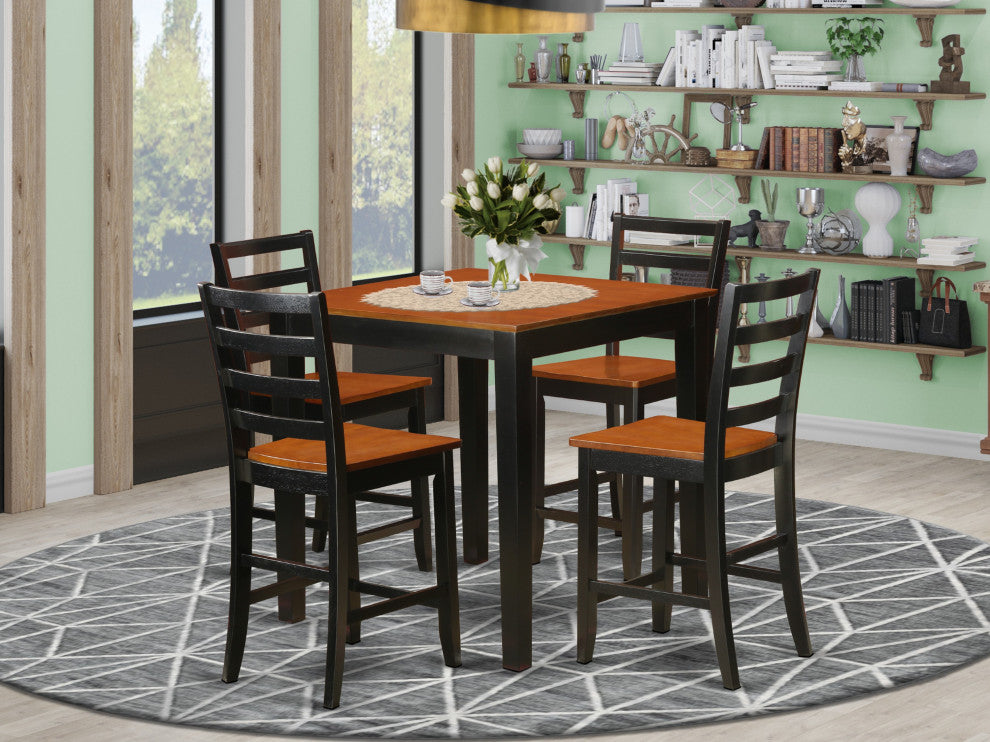 5 Pc Counter Height Pub Set, Counter Height Table, 4 Chairs, Black & Cherry