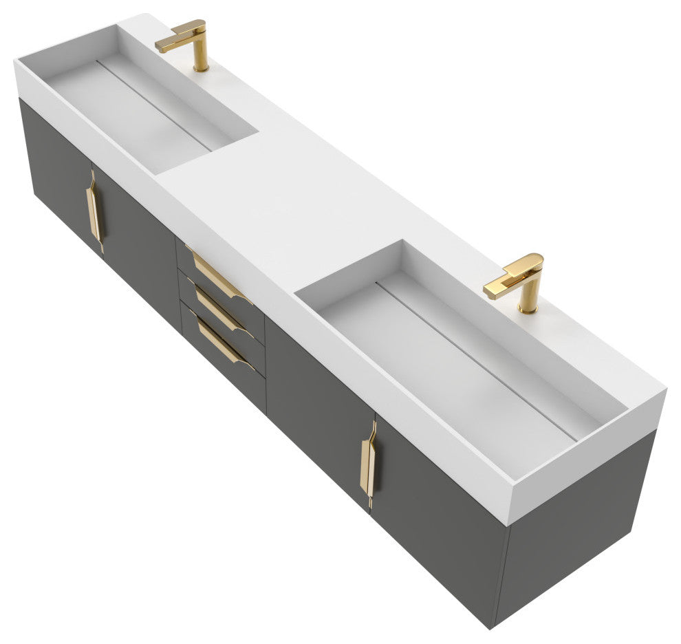 CastelloUSA Amazon 84" Wall Mounted Vanity Set, Black, White Top, Gold Handles