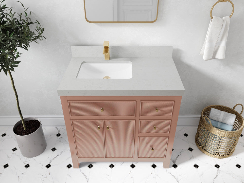 Sonoma 36 Left Offset Reeded  Bath Vanity in Warm Terracotta, 2" Carrara Quartz