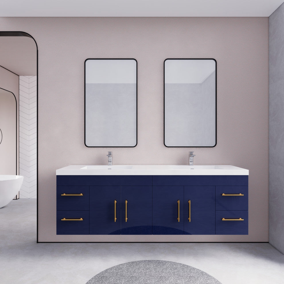 Rosa 72" Wall Mounted Modern Vanity, High Gloss Night Blue, Glossy White Top