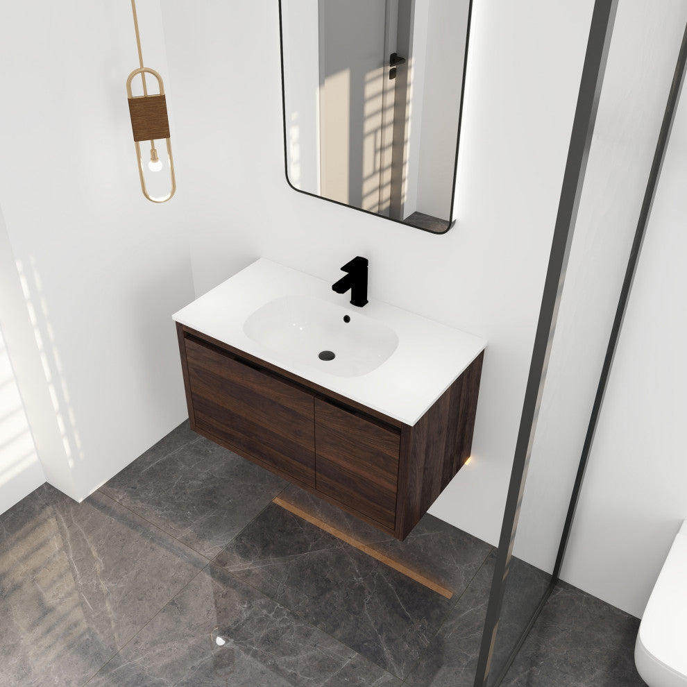 36" Plywood Wall Mounted Bath Vanity Set, Integrated Resin Sink