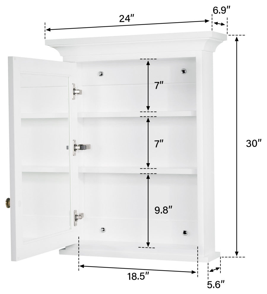 Handmade Solid Wood Medicine Cabinet with Ample Storage Space in White, 24"x30"