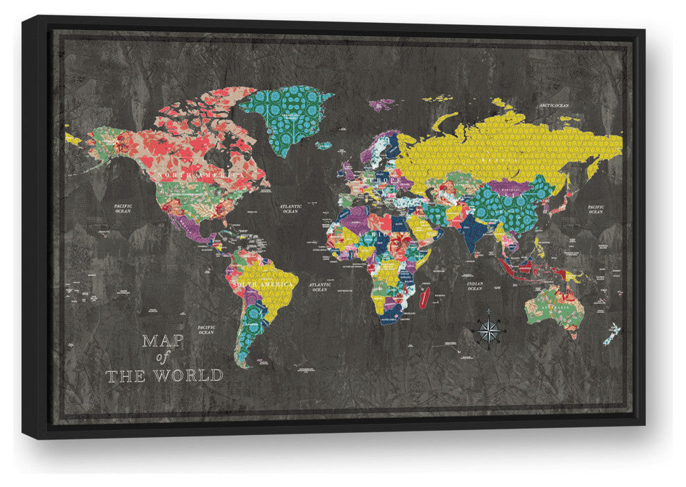 Colorful World Map Canvas Wall Art, 24"x36", Framed
