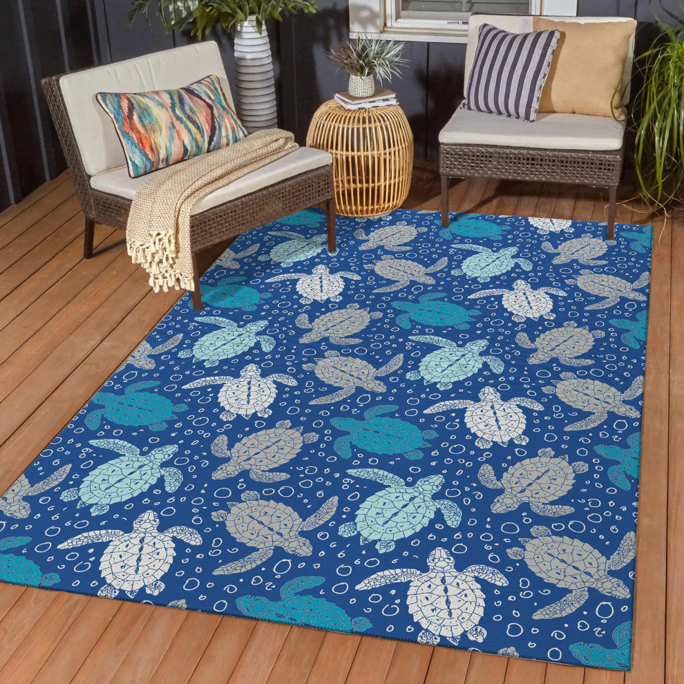 Indoor/Outdoor Seabreeze SZ13 Navy Machine Washable 8' x 10' Rug