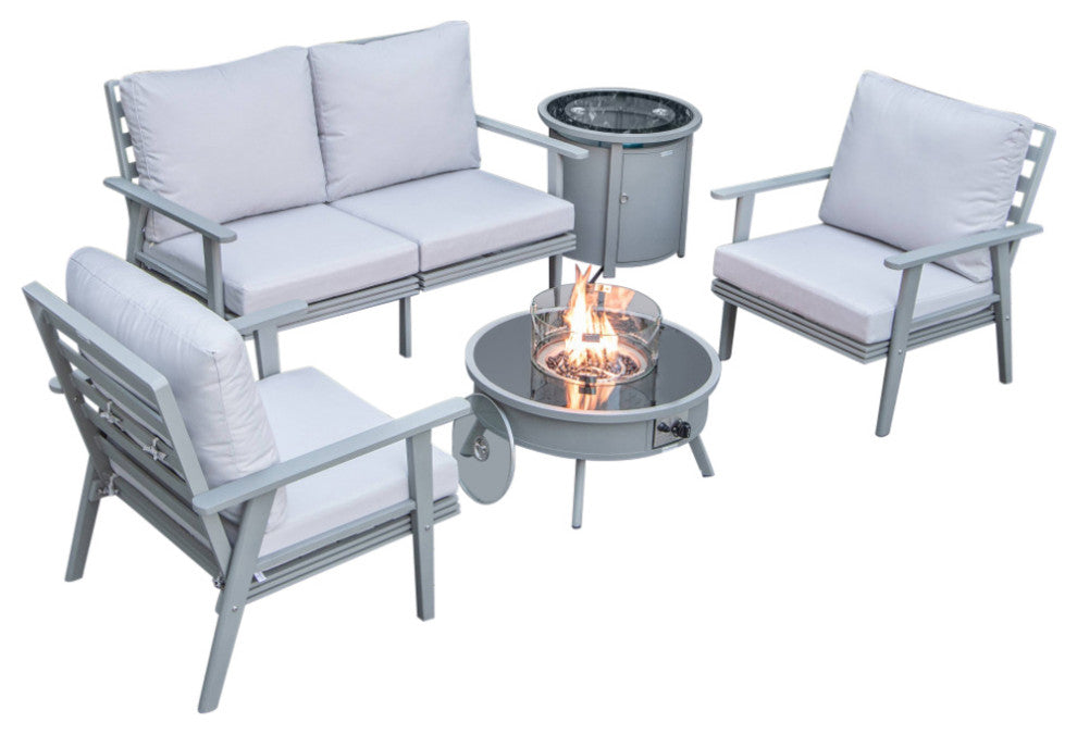 LeisureMod Walbrooke Grey Patio Sofa Set With Round Fire Pit Table, Light Grey