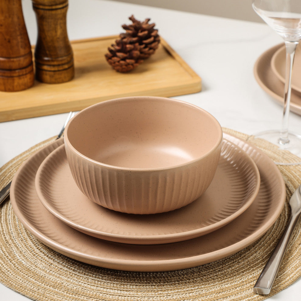 Stone Lain Logan Stoneware 16 Piece Dinnerware Set With Pasta Bowls, Beige