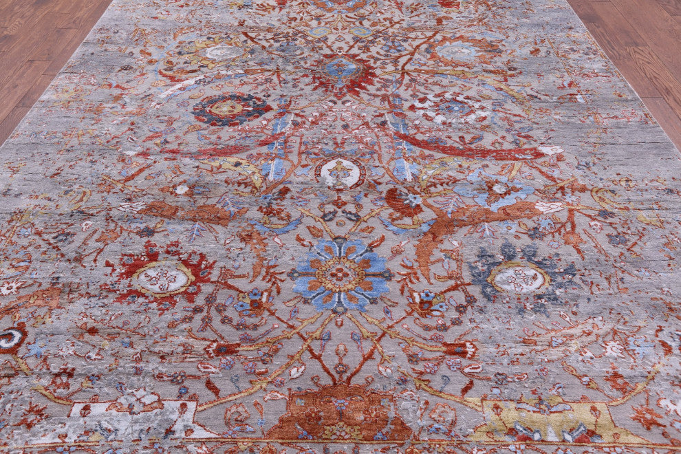 9' 0" X 12' 1" Persian Sickle Leaf Design Wool and Silk Hand Knotted Rug Q8716