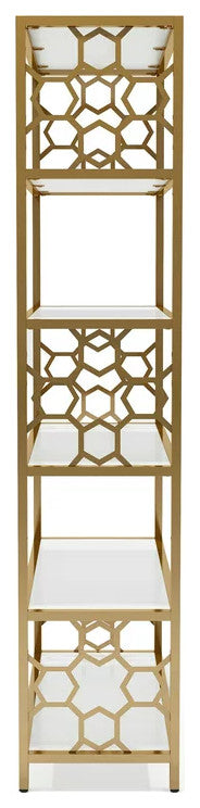 Contemporary Bookcase, Geometric Design & Open Shelves With Glass Panels, Gold